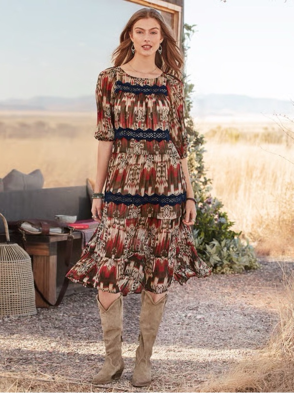 Sundance Autumnal Dreams Ikat Southwest Print Lace Trim Boho Tiered Midi Dress